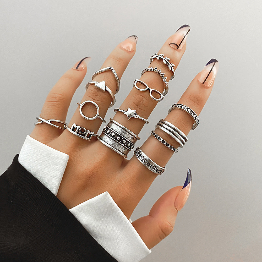 14 Pieces Star Leaf Circle Geometric Alphabet Ring Set Women's Fashion Jewelry Set