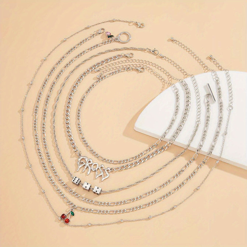 6pcs/Set Personality Retro Cherry Dice Letter Copper Beads Chain Multi-piece Necklace For Women Girls Gift