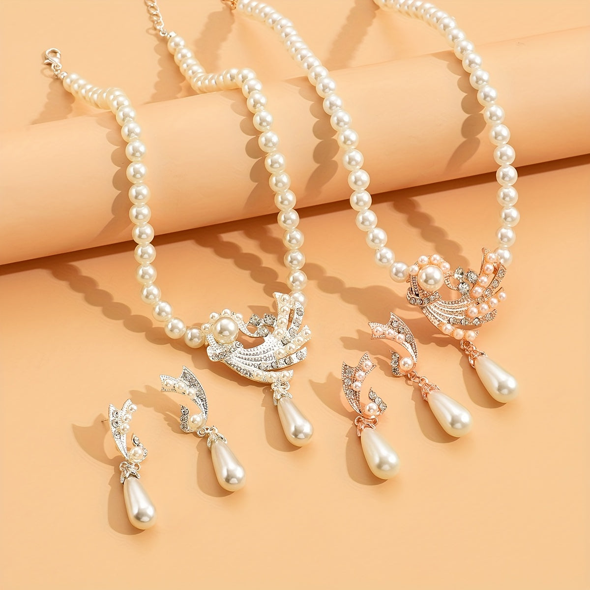 Elegant 18K Gold Plated Faux Pearl Teardrop Pendant Necklace and Dangle Earrings Set - Perfect for Birthdays, Parties, and Anniversaries