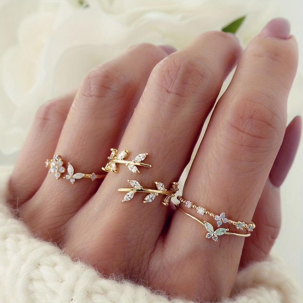 Surprise Your Valentine with 4pcs Sparkling Rhinestone Leaf and Butterfly Open Ring Set