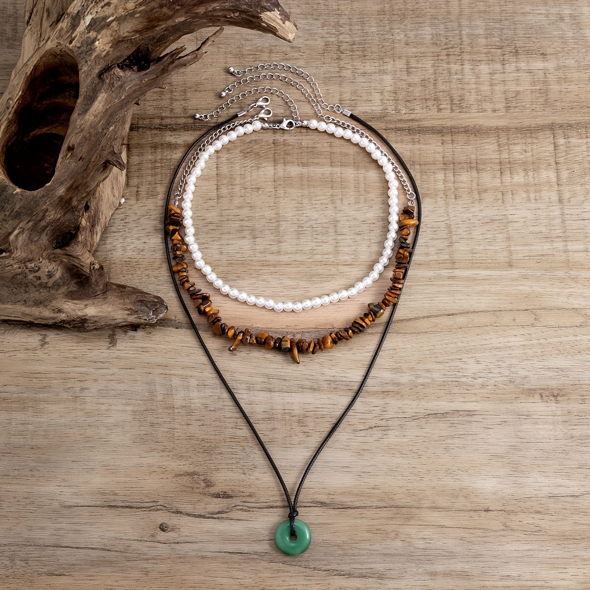 3pcs Vintage Stone Mixed Faux Pearl Wax Thread Vacation Beach Vacation Decor Necklace For Women Girls Gift