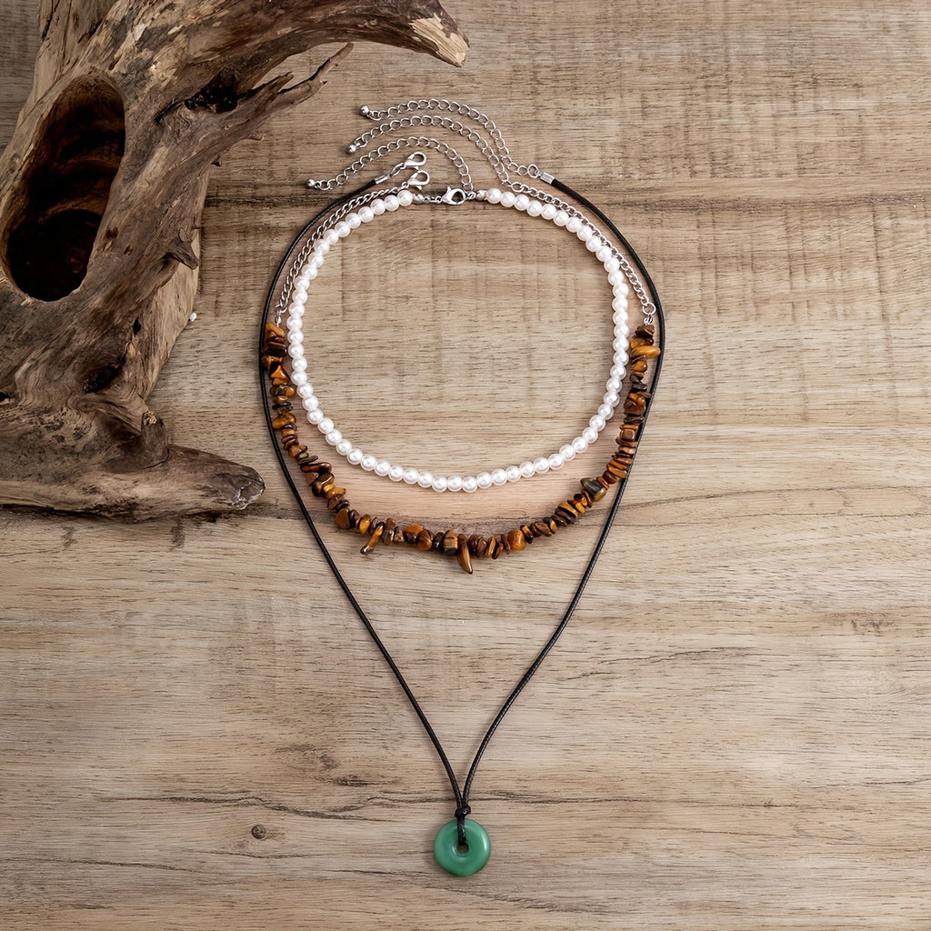3pcs Vintage Stone Mixed Faux Pearl Wax Thread Vacation Beach Vacation Decor Necklace For Women Girls Gift