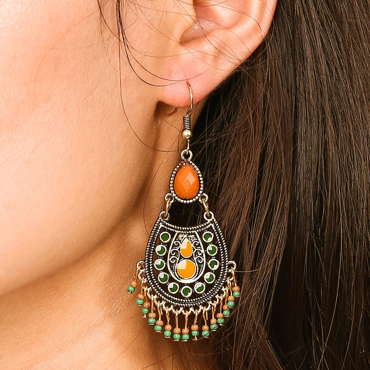 Bohemian Birthstone Beaded Tassel Drop Dangle Earrings Silver Plated Vintage Decor Party Holiday Gift For Women Girls 1Pair