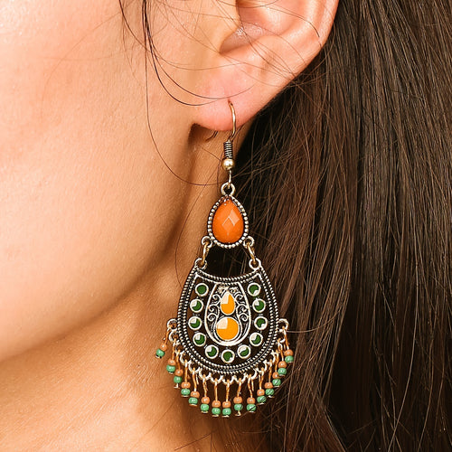 Bohemian Birthstone Beaded Tassel Drop Dangle Earrings Silver Plated Vintage Decor Party Holiday Gift For Women Girls 1Pair