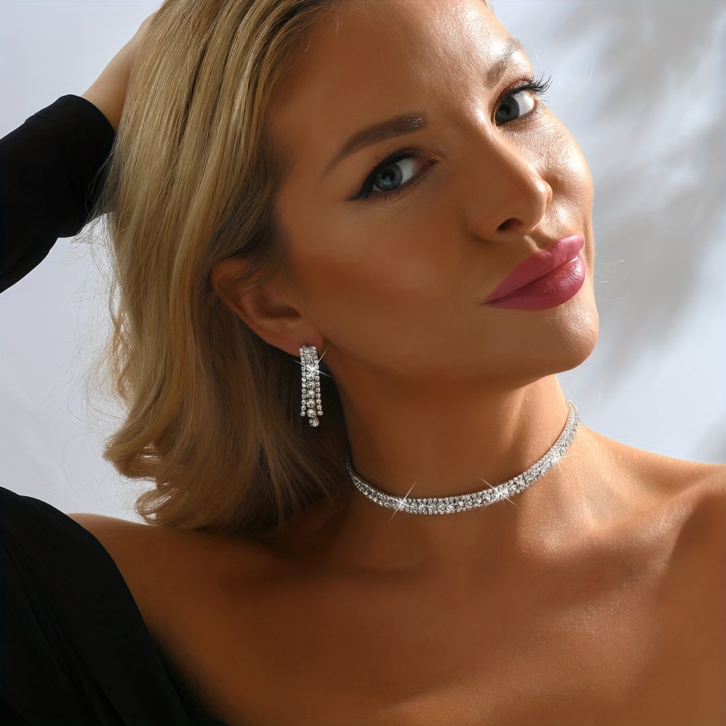 Exquisite Glitter Rhinestone Choker and Tassel Earrings Set - Retro Luxury Design, Silver Plated Fine Jewelry Gift