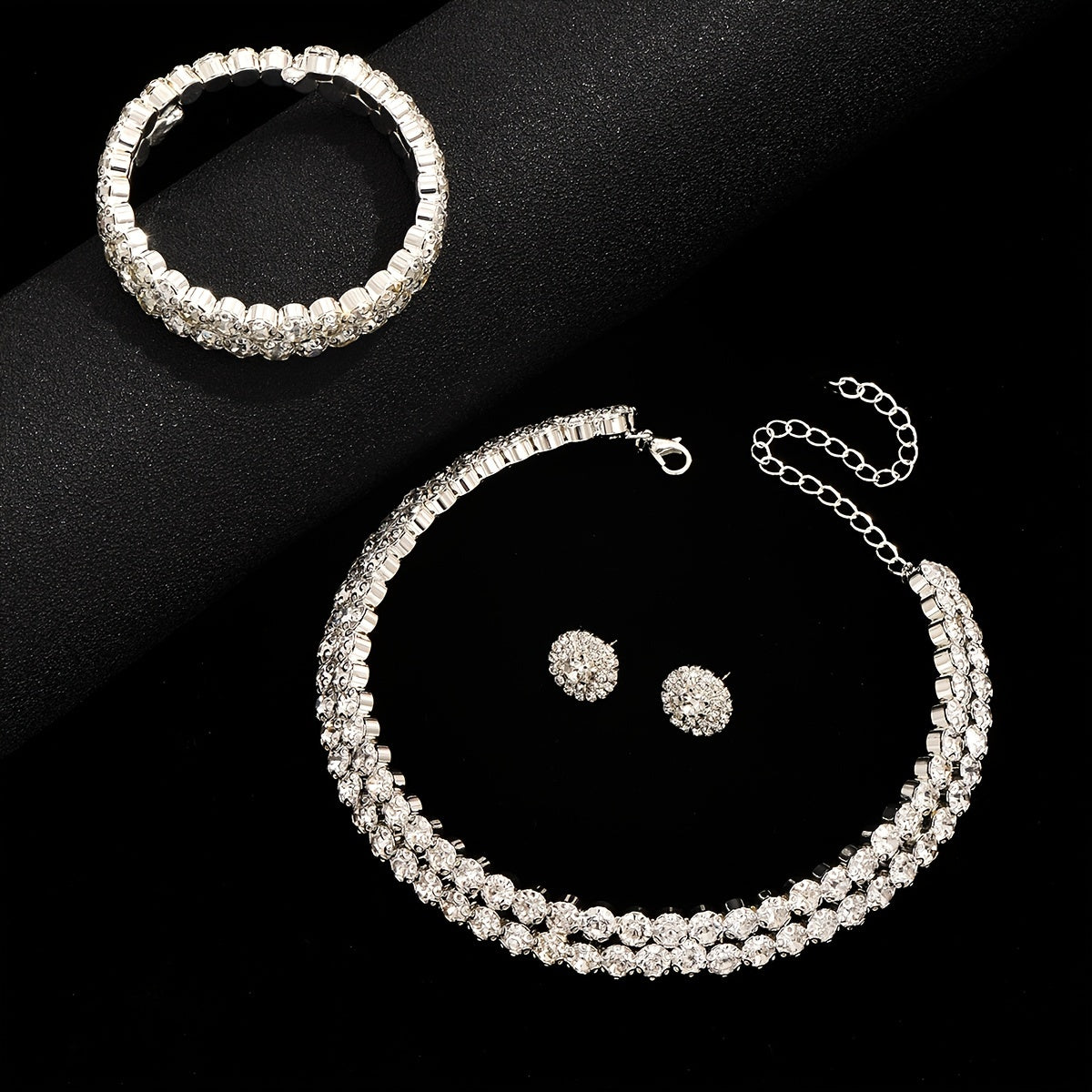Luxury Women's Double Row Rhinestone Collar Bracelet Earrings 3 Piece Set Jewelry