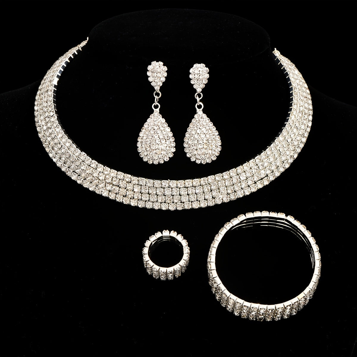4pcs/set Elegant Women's Jewelry Set - Stretch Collar Bracelet, Rings, and Earrings for a Complete Look