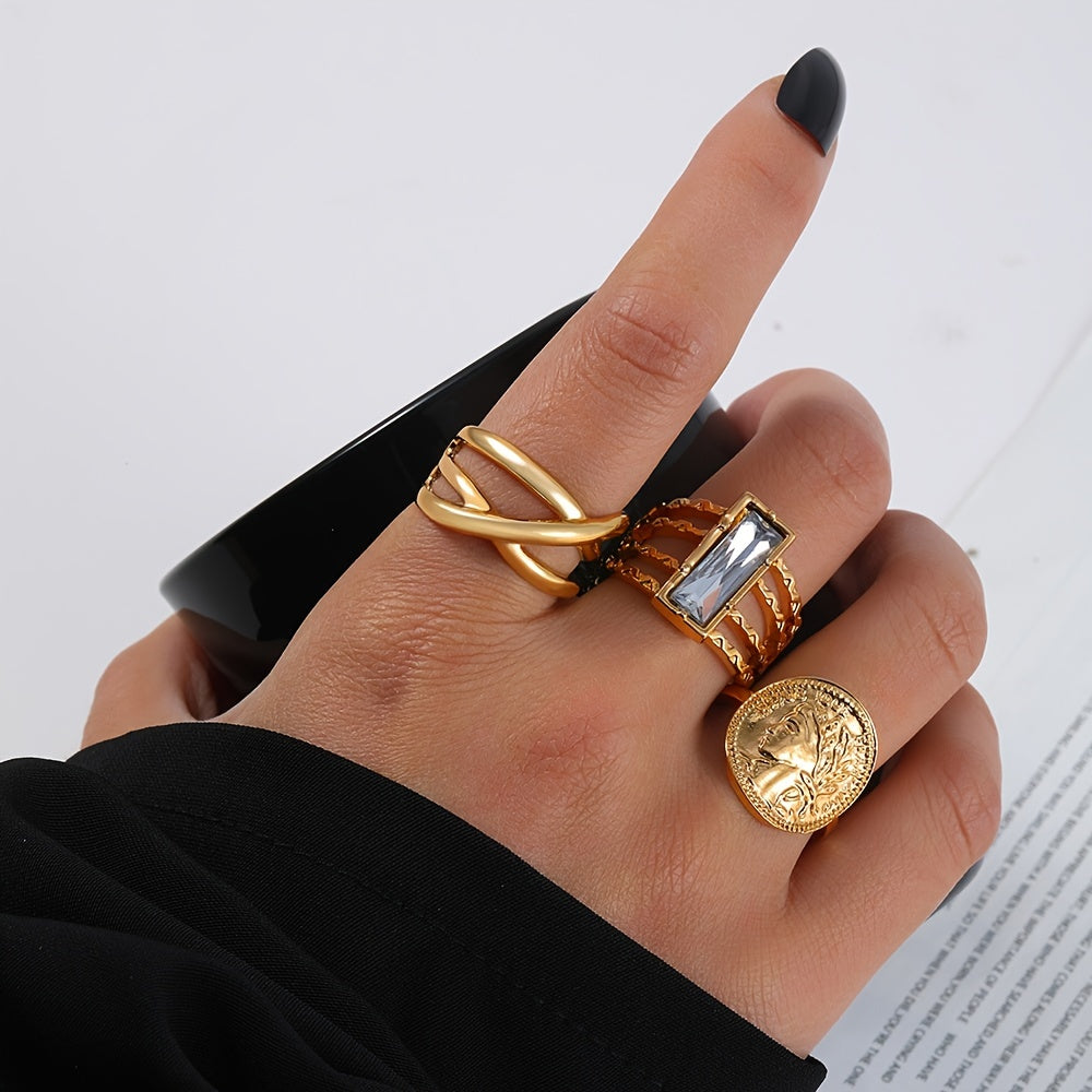 3pcs Vintage Style Personality Golden Man Head Cross Ring Set Women's Jewelry Nice Gift