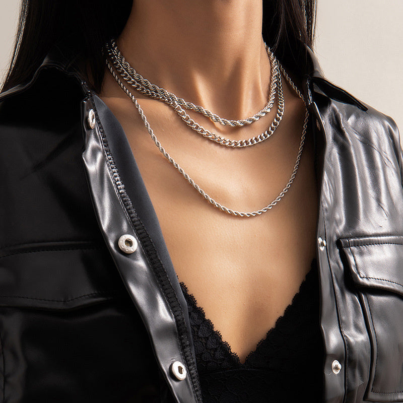 Complete Your Look with 3 Layered Silver Twist Rope Chain Necklaces with Rhinestones