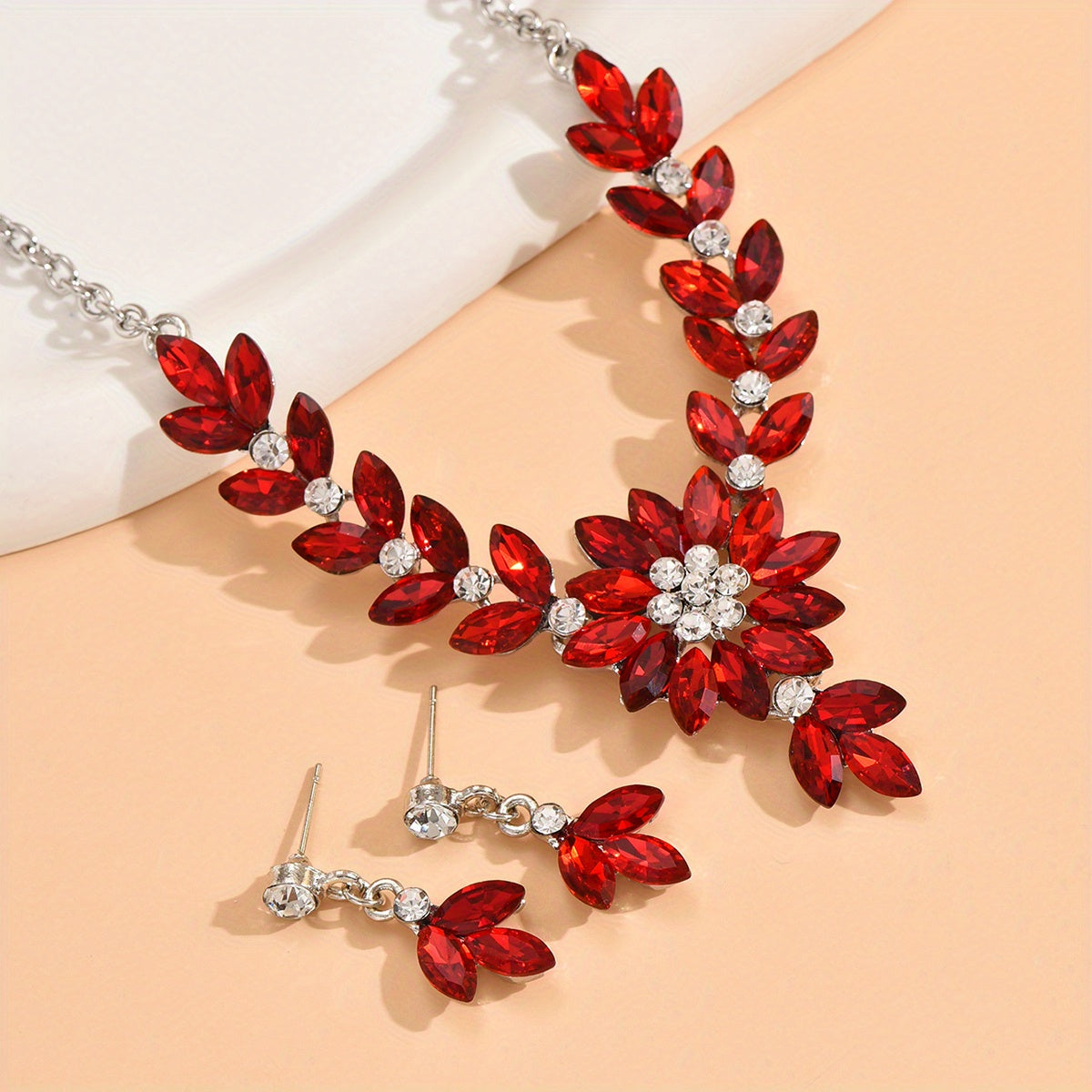 Flower Shape Crystal Jewelry Set With Pendant Necklace & Dangle Earrings Set Gifts Fit With Wedding Dress