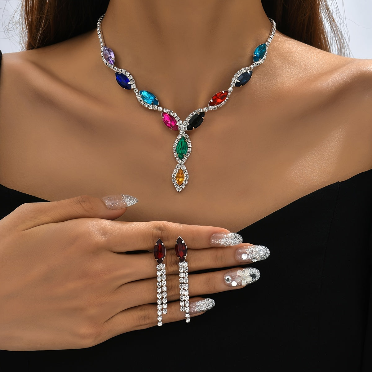 2 pieces Stunning Women's Crystal Necklace and Earrings Set - Vibrant Colors and Sparkling Crystals for a Glamorous Look