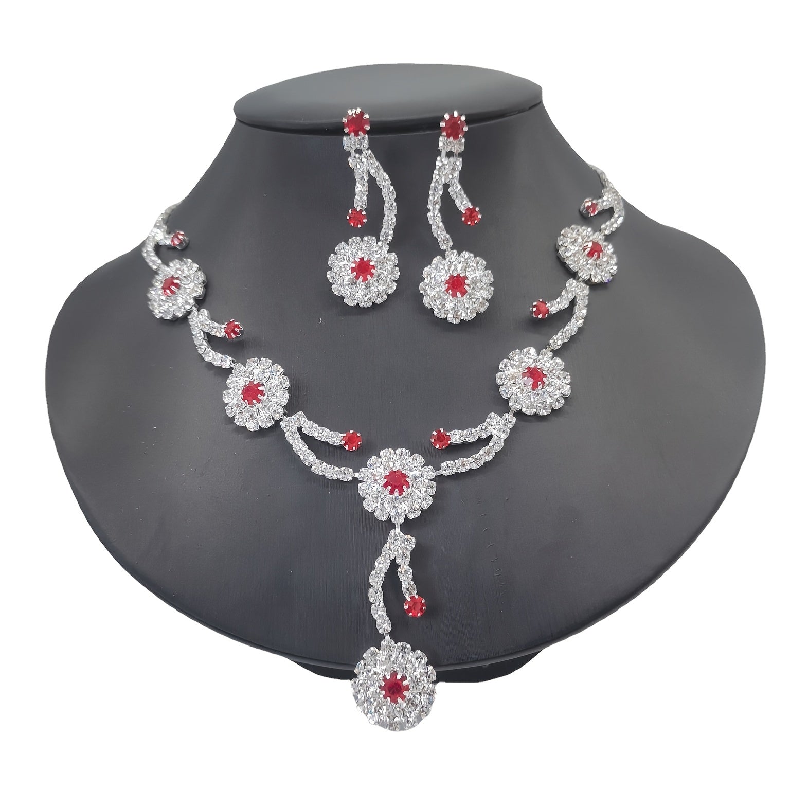 Flower Rhinestone Jewelry Set - Stunning Red Tiny Rhinestone Pendant Necklace and Dangle Earrings for Women and Girls - Perfect for Parties, Proms, and Costumes