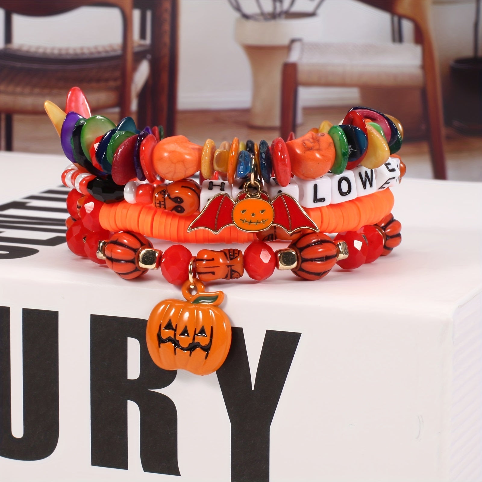 Halloween Bracelet Pumpkin Bat Ghost Skull Pendant Multilayer Beads Bracelet Party Favors