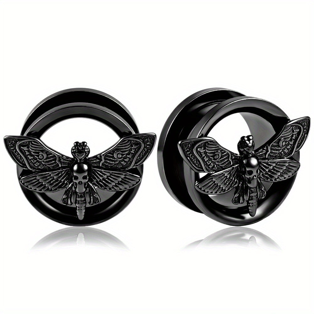 2PCS Stainless Steel Punk Style Moth Ear Plugs Gauges Ear Tunnels Gothic Body Ear Piercing Jewelry Set Halloween Decoration