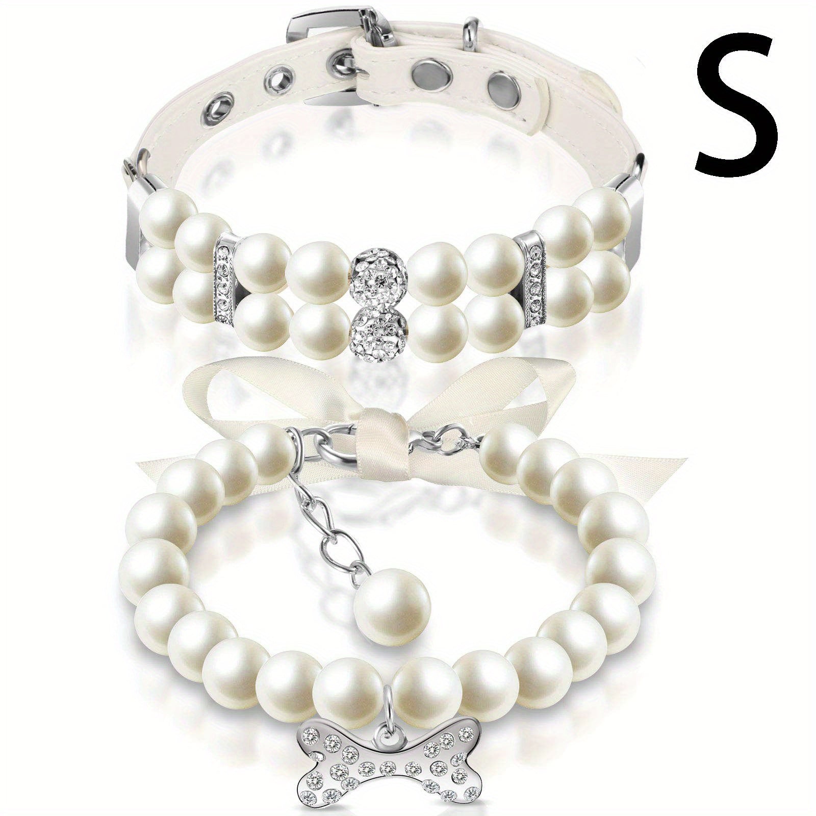 2pcs Small Dog Cat Pearl Collars And PET Pearl Necklace Set Cute Fashion PET Pu Leather Collars Necklace With Crystal Rhinestone For Dogs Cats Puppy Kitten Wedding Birthday Party