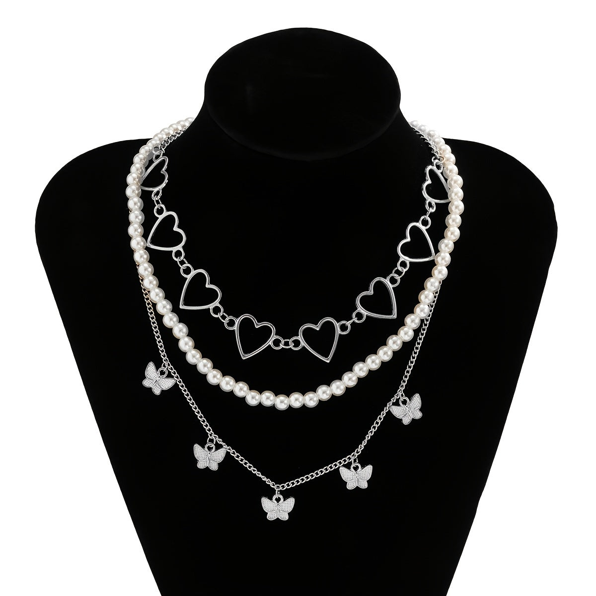 3pcs Heart Butterfly Tassel Faux Pearl Beaded Necklace Set Coquette Style Neck Jewelry Gift