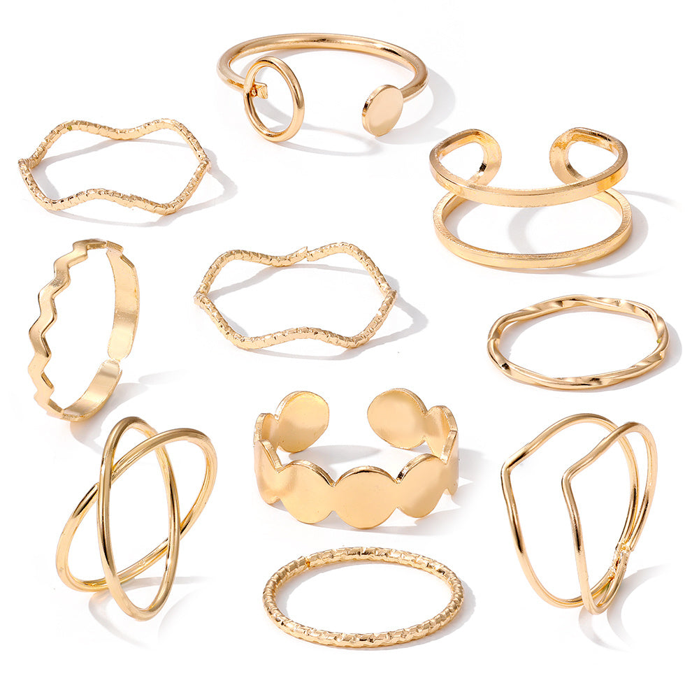 Complete Your Look with 10pcs Vintage Golden and Silvery Wavy Cross Circle Finger Rings Set for Daily Wear
