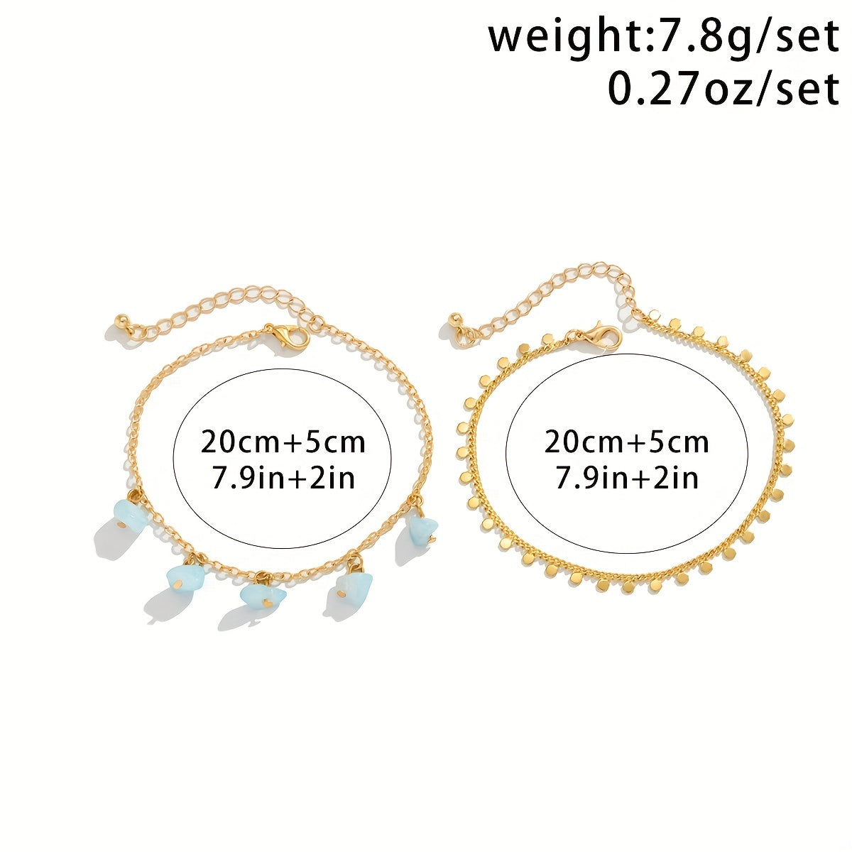 Irregular Chip Stone Beads Tassel Pendant Chain Anklet Set Double Layers Summer Beach Ankle Bracelet Set