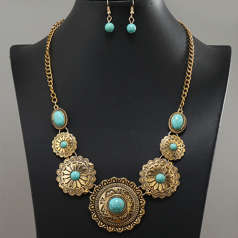 Vintage Native Green Flower Embedded Resin Necklace Earrings Set - Perfect for Summer!