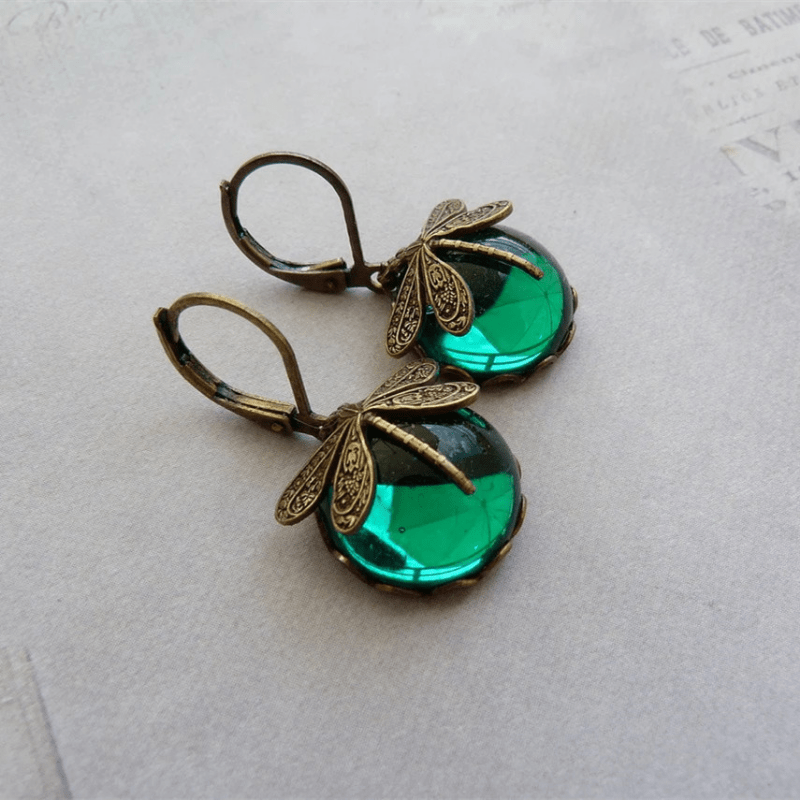 Vintage Metal Dragonfly Earrings with Inky Blue Moonstone and Brass Glass Cabochon