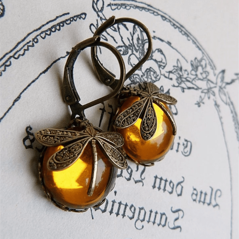 Vintage Metal Dragonfly Earrings with Inky Blue Moonstone and Brass Glass Cabochon