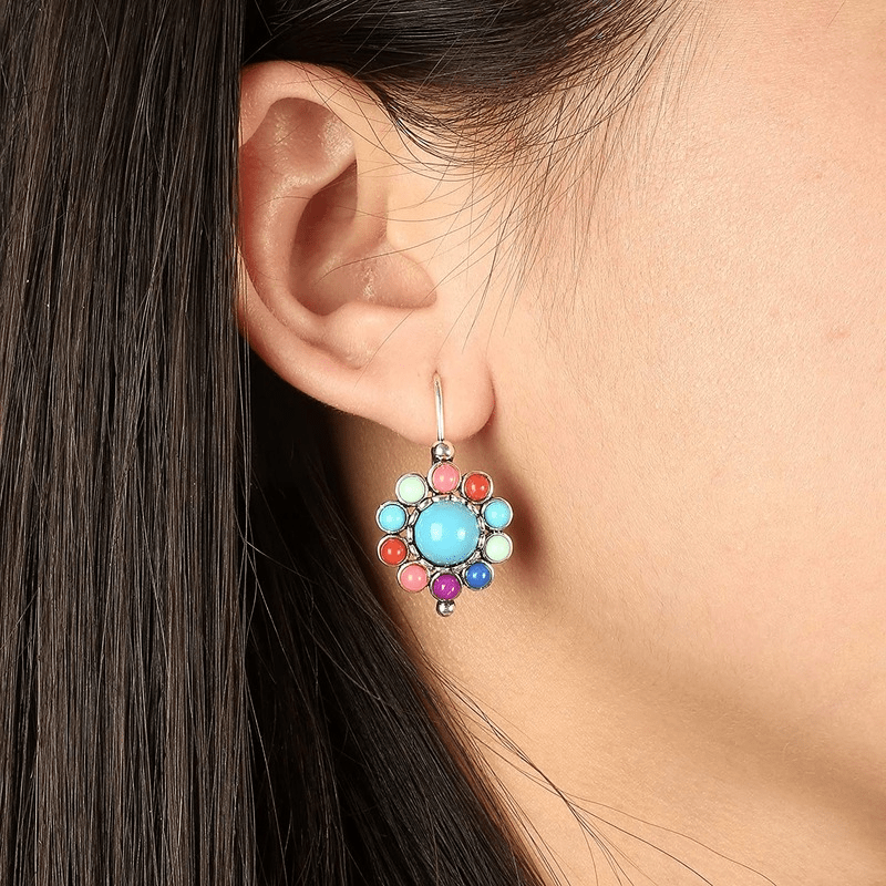 Add a touch of ethnic personality with our Vintage 925 Silver Plated Multicolor Blue Ston Hook Drop Earrings