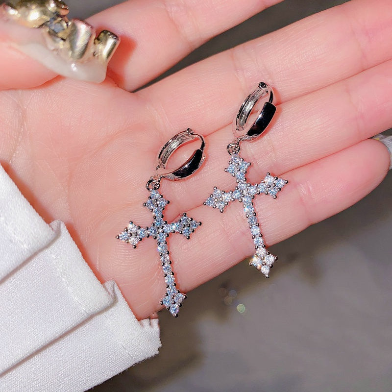 Cross Earrings Luxury Round Cut White Zircon Earrings For Women Hoop Dangle Earrings Bride Wedding Engagement Jewelry