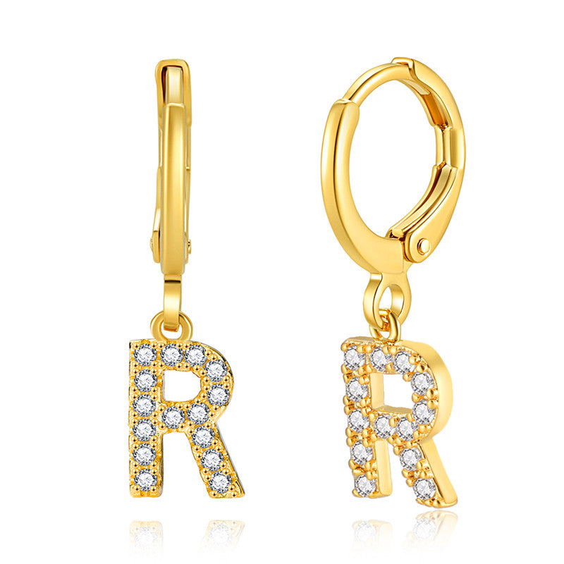 Luxury Elegant Letter A-Z Inlaid With Shiny Zircon Hoop Earrings Trendy Golden Color Daily Wear Accessories Copper 18K Gold Plated Jewelry