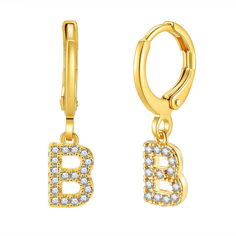 Luxury Elegant Letter A-Z Inlaid With Shiny Zircon Hoop Earrings Trendy Golden Color Daily Wear Accessories Copper 18K Gold Plated Jewelry