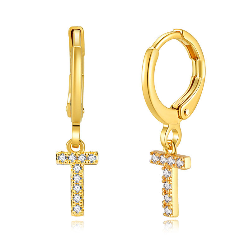 Luxury Elegant Letter A-Z Inlaid With Shiny Zircon Hoop Earrings Trendy Golden Color Daily Wear Accessories Copper 18K Gold Plated Jewelry