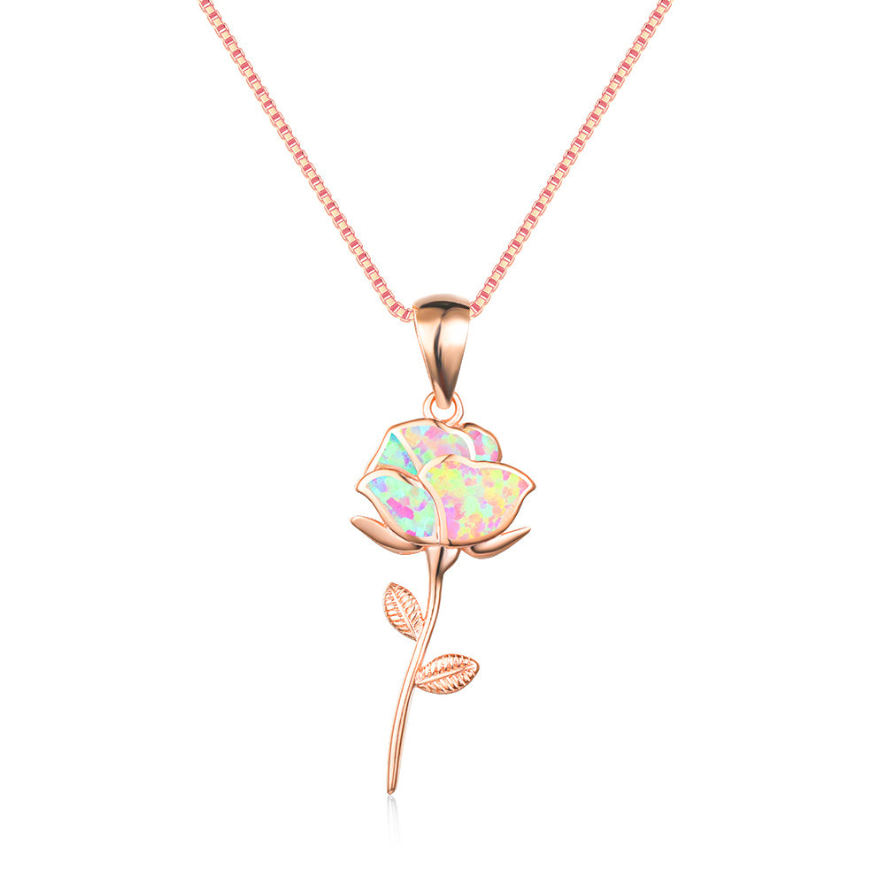 Gorgeous White Opal & Rose Flower Necklace - A Perfect Gift for the Romantic Woman in Your Life!