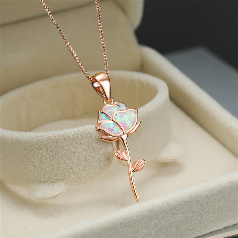 Gorgeous White Opal & Rose Flower Necklace - A Perfect Gift for the Romantic Woman in Your Life!