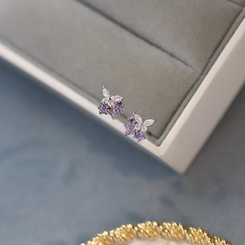 Romantic Lavender Purple Butterfly Zirconia Stud Earrings For Women 18K Gold Plated Flower Earrings Wedding Engagement Jewelry