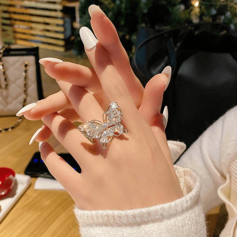Fashion Butterfly Ring Inlaid Zircon Silver Plated Trendy Decor For Daily Outfits Perfect Birthday Gift