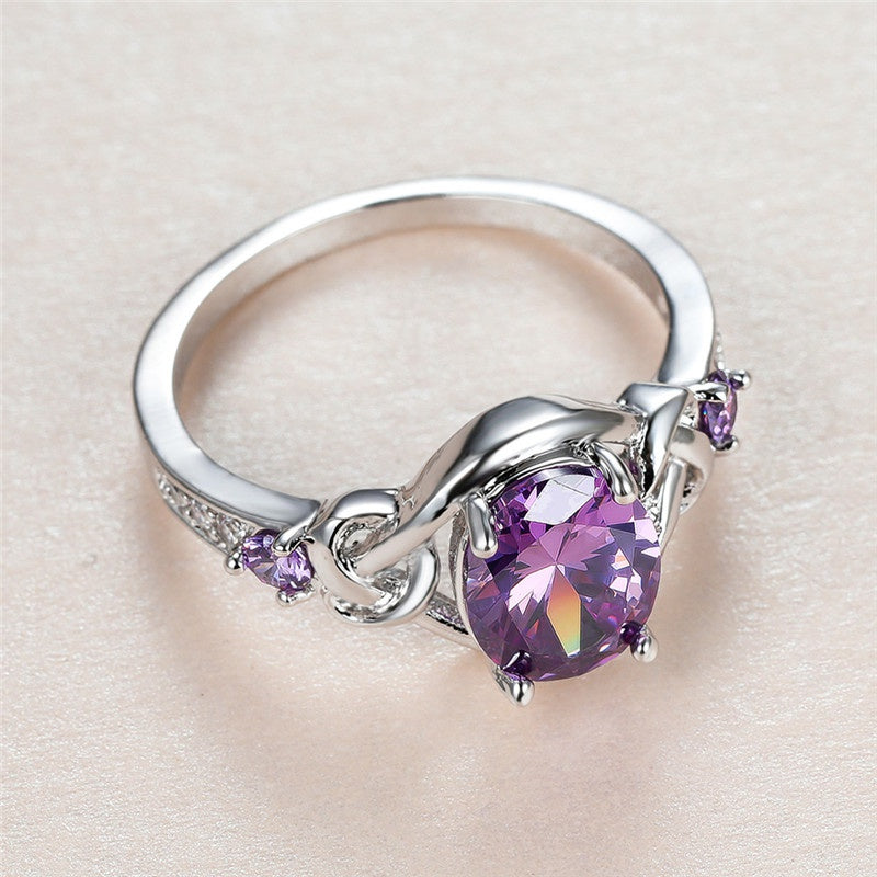 Elevate Your Romance with Mystic Cross Design Oval Cut Purple Zircon Ring - Perfect for Bride Engagement and Romantic Occasions - Women's Elegant Costume Jewelry