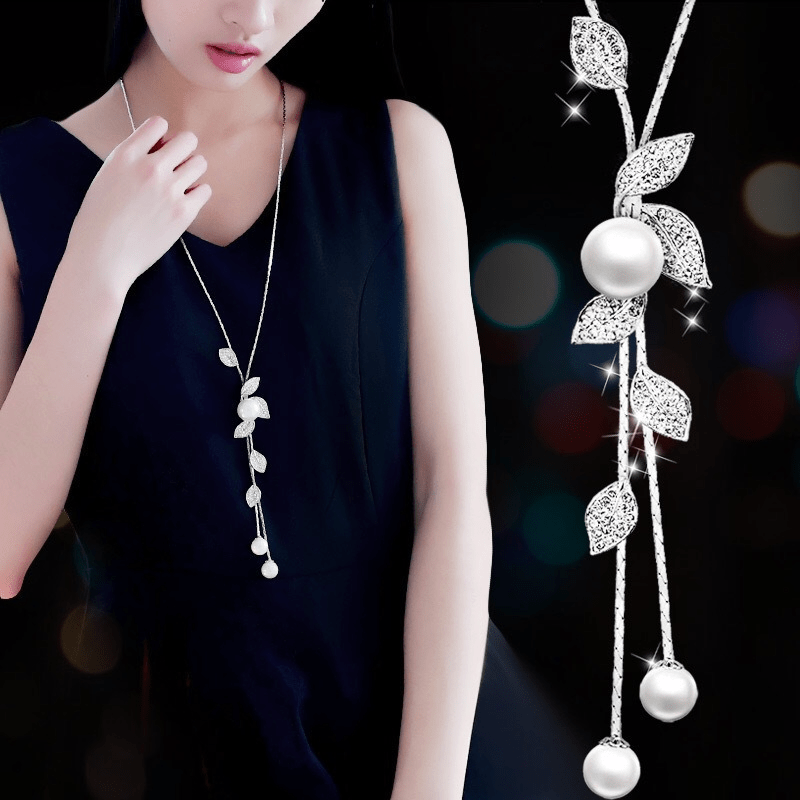 Elevate Your Style with our Y-Shaped Charm Necklace featuring Leaf Shaped Rhinestones & Faux Pearls Pendant, Dangle Long Necklace, and Adjustable Elegant Tassel Sweater Chain - Perfect for Women and Girls