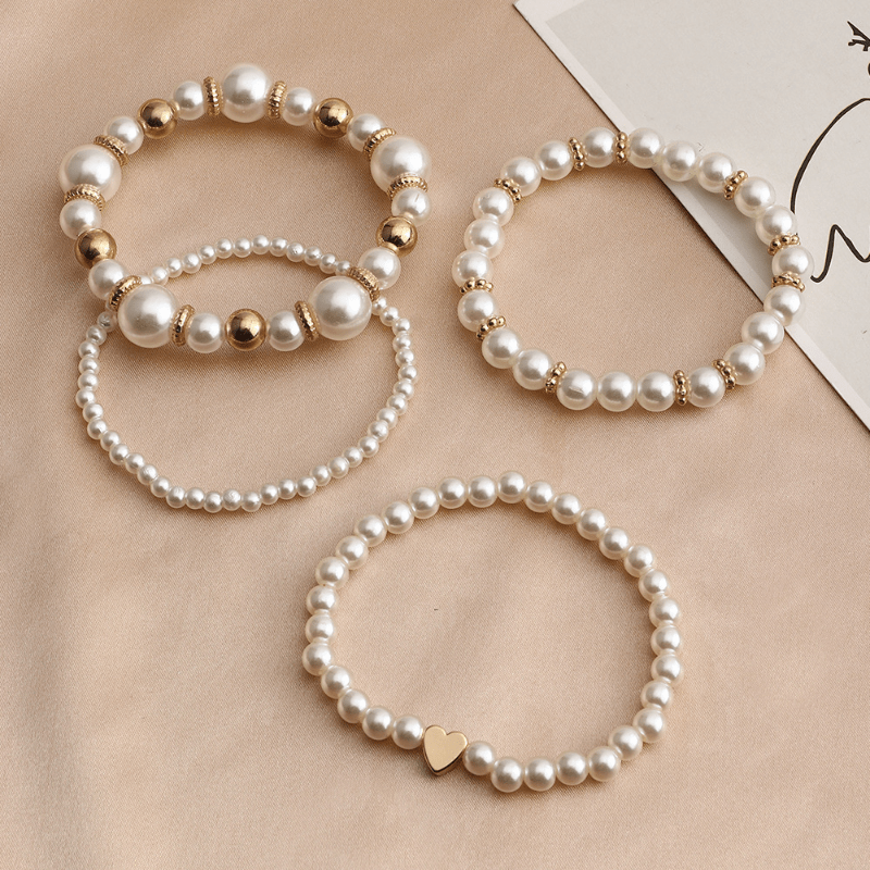 Boho Chic Multilayer Bracelet Set with Faux Pearls and Beads - 4 Piece White Hand Jewelry Collection