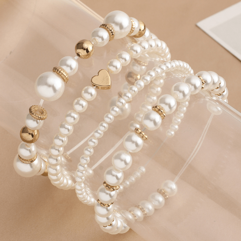 Boho Chic Multilayer Bracelet Set with Faux Pearls and Beads - 4 Piece White Hand Jewelry Collection