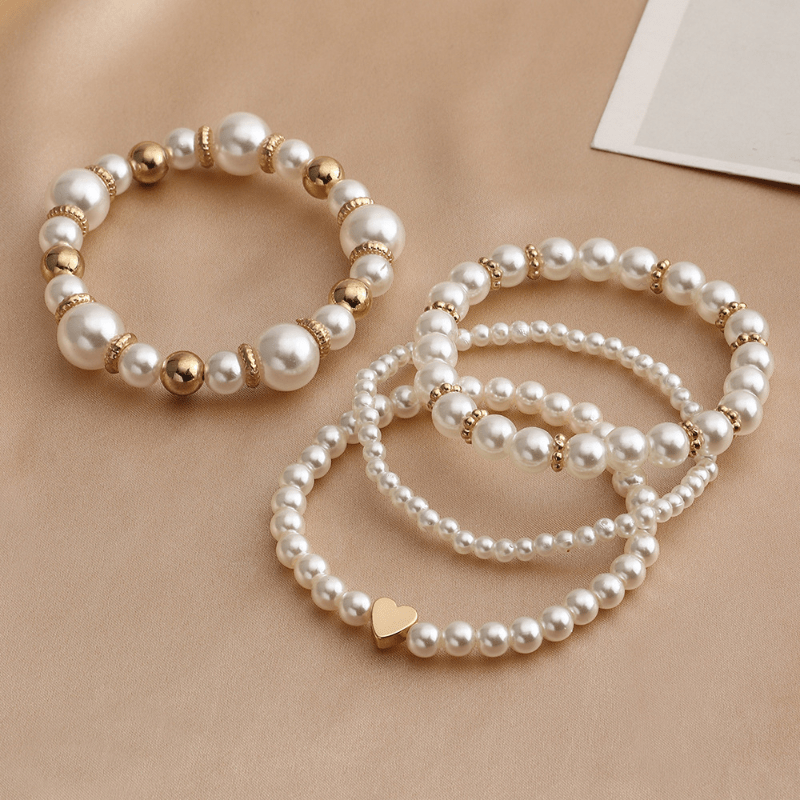 Boho Chic Multilayer Bracelet Set with Faux Pearls and Beads - 4 Piece White Hand Jewelry Collection