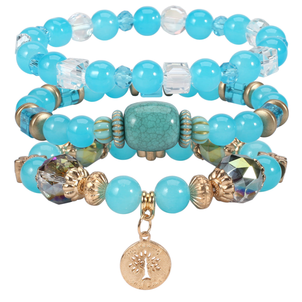 Boho Handmade Glass Beaded Charm Bracelet Set of 3 with Peace Tree Pendant