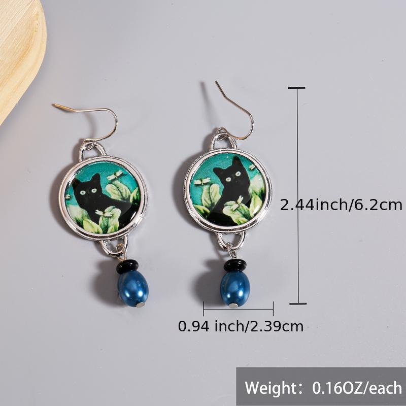 Vintage Boho Drop Earrings with Cat Pattern and Synthetic Gems Pendant