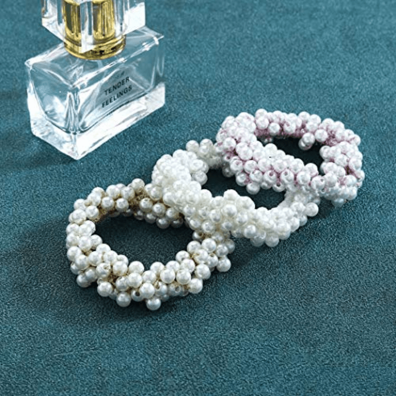 Upgrade Your Hair Game with 3pcs Faux Pearl Hair Ties - Elastic Hair Scrunchies, Stretchy Hair Bands, and Bead Hair Ropes for Women and Girls - Perfect for Weddings and Daily Use