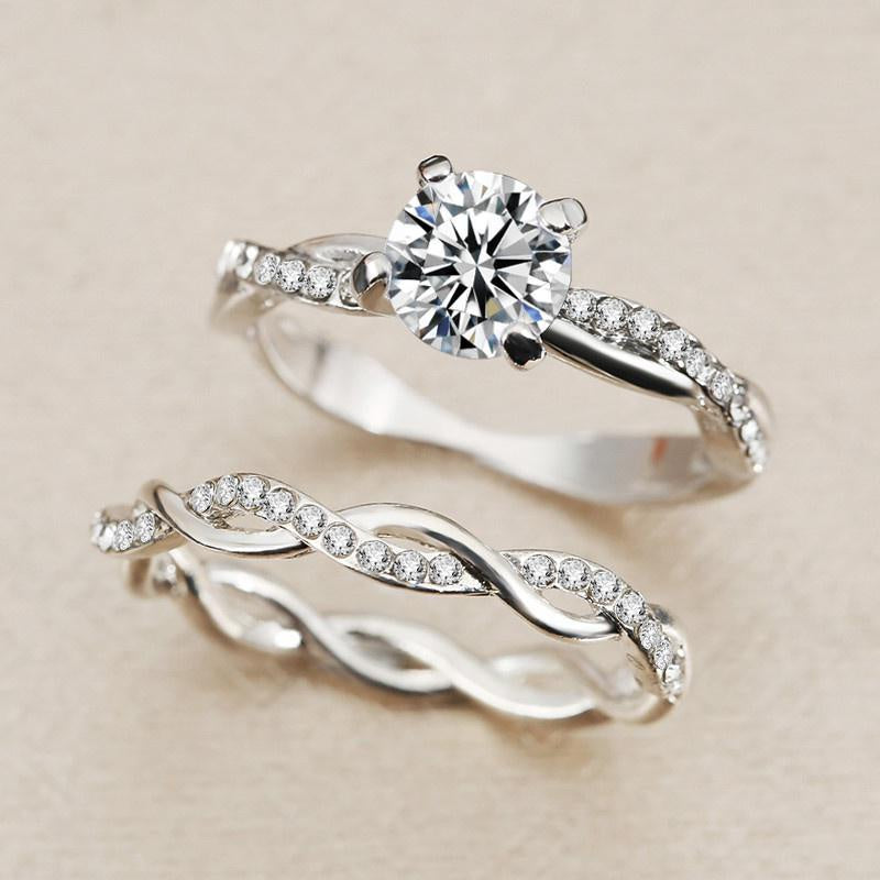 Make a Promise with Style: 2-Piece Wave Band Ring Set with Shiny Zircon and 14K Gold Plating for Women and Girls