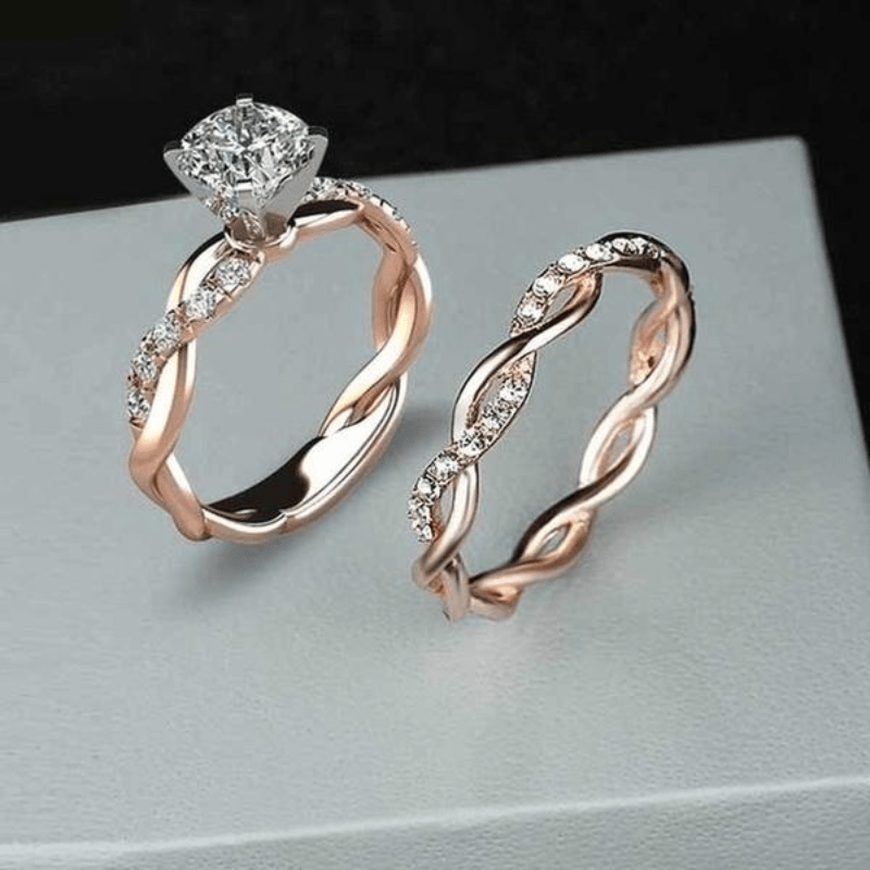 Make a Promise with Style: 2-Piece Wave Band Ring Set with Shiny Zircon and 14K Gold Plating for Women and Girls