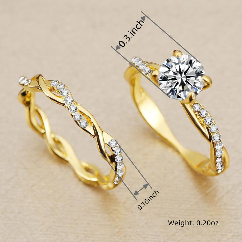 Make a Promise with Style: 2-Piece Wave Band Ring Set with Shiny Zircon and 14K Gold Plating for Women and Girls