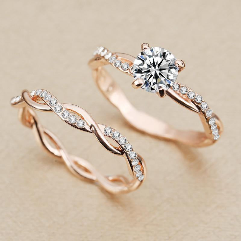 Make a Promise with Style: 2-Piece Wave Band Ring Set with Shiny Zircon and 14K Gold Plating for Women and Girls