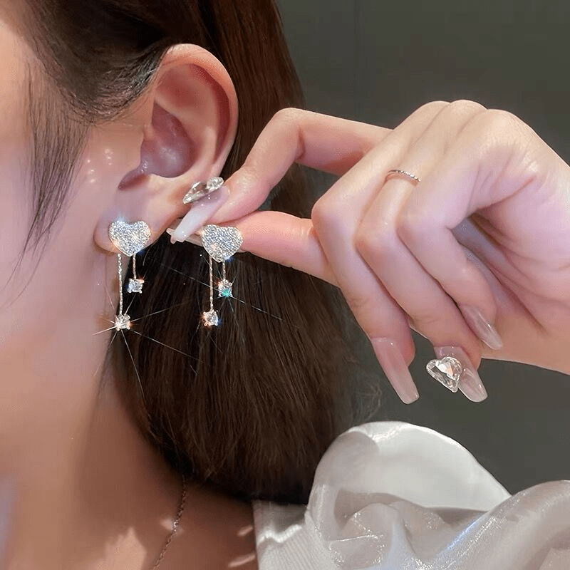 Unleash Your Personality with our Asymmetric Full Zircon Heart Shaped Tassel Earrings for Women and Girls