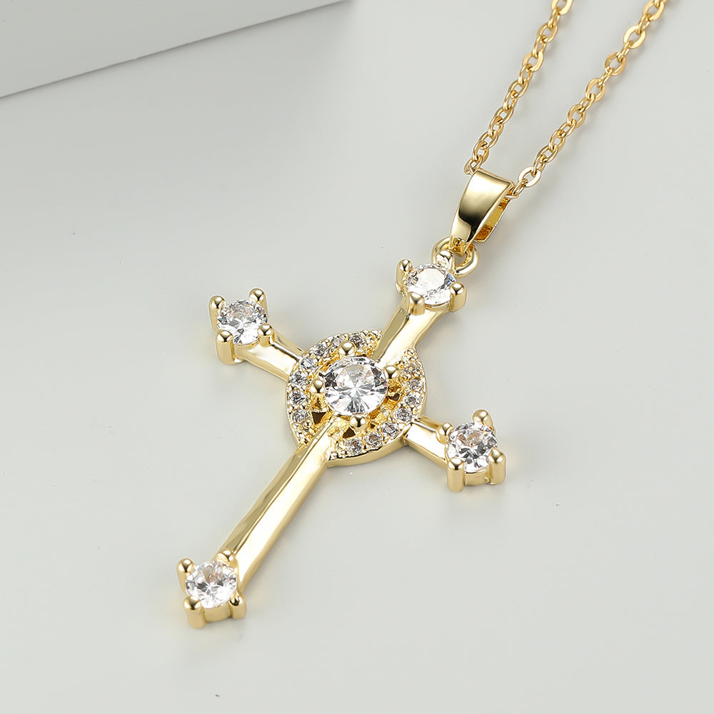Luxury Cross Zircon Pendant Necklace, Golden Color Chain Necklaces Charm White Zircon Wedding Necklaces For Women