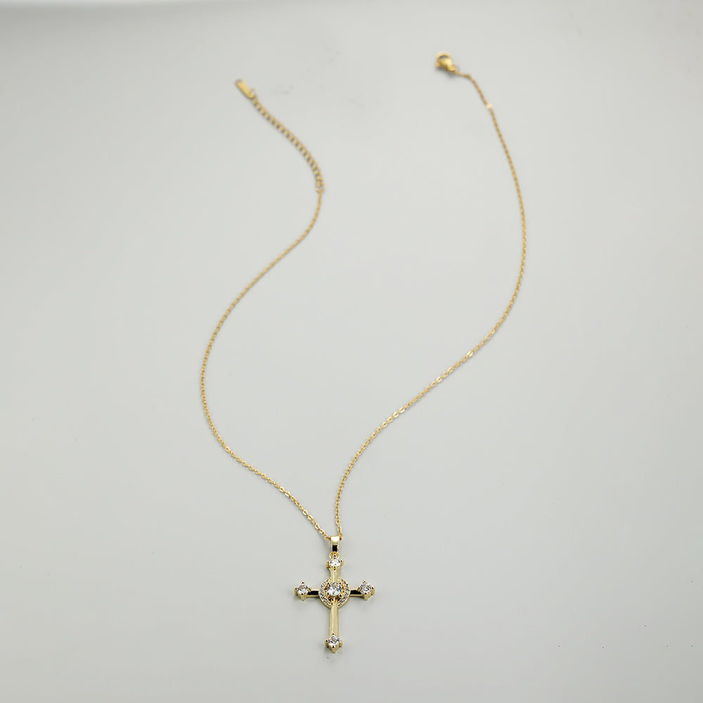 Luxury Cross Zircon Pendant Necklace, Golden Color Chain Necklaces Charm White Zircon Wedding Necklaces For Women