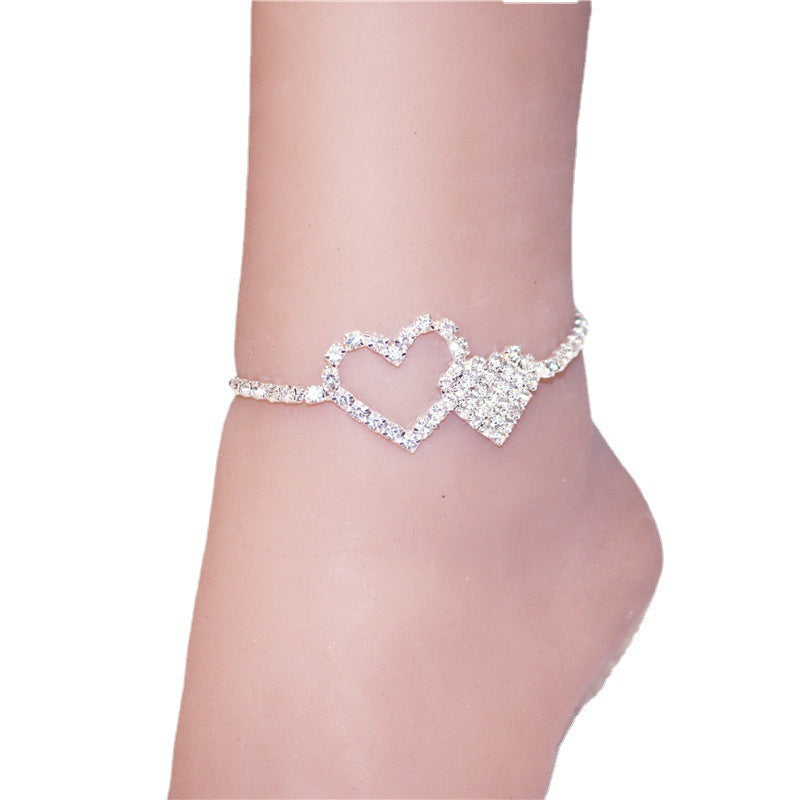 Double Heart Shiny Rhinestone Anklet Elegant Foot Jewelry Decoration  Wedding Accessories